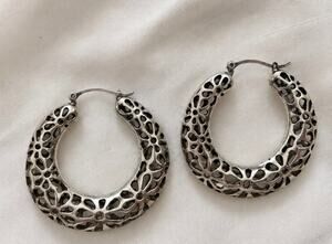 Vintage Silver Tone Floral Filigree Hoop Earrings